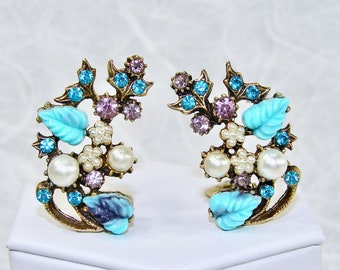 Vintage Rhinestone Clip Earrings Turquoise Colored Leaves Purple and Aqua Rhinestones and Faux Pearls Formal Evening Bridal Prom MOG MOB MOH