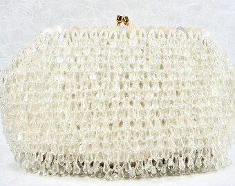 Vintage Silk White Beaded Wedding Purse Sequin Chandelier Acrylic Crystal Fringe Evening Bag Bridal Clutch Cocktail Handbag SAFCO BAG