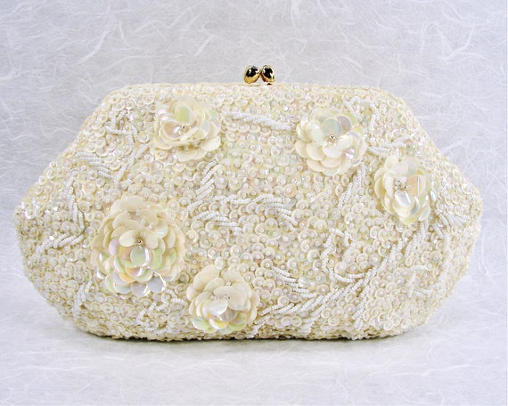 Vintage Delill Beaded Wedding Purse Ivory Sequin … - image 3