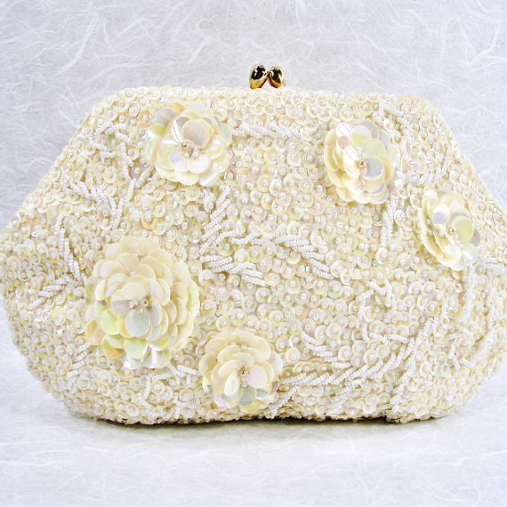 Vintage Delill Beaded Wedding Purse Ivory Sequin … - image 1
