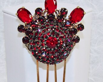 Red Rhinestone Vintage Costume Jewelry Hair Comb Jeweled Bridal Hairpiece Headpiece Formal Evening Cocktail Christmas Valentines Wedding