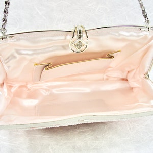 Fabulous Vintage Beaded Purse Salmon Pink Blush Clutch White Glass Seed Beads & Rhinestone Handbag Silver Frame Strap Formal Evening Bag image 6