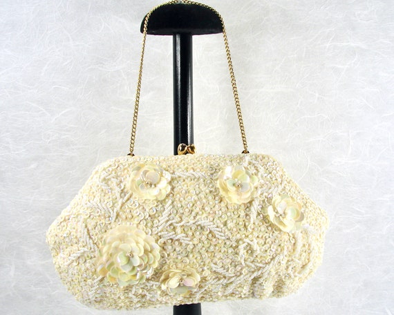 Vintage Delill Beaded Wedding Purse Ivory Sequin … - image 8
