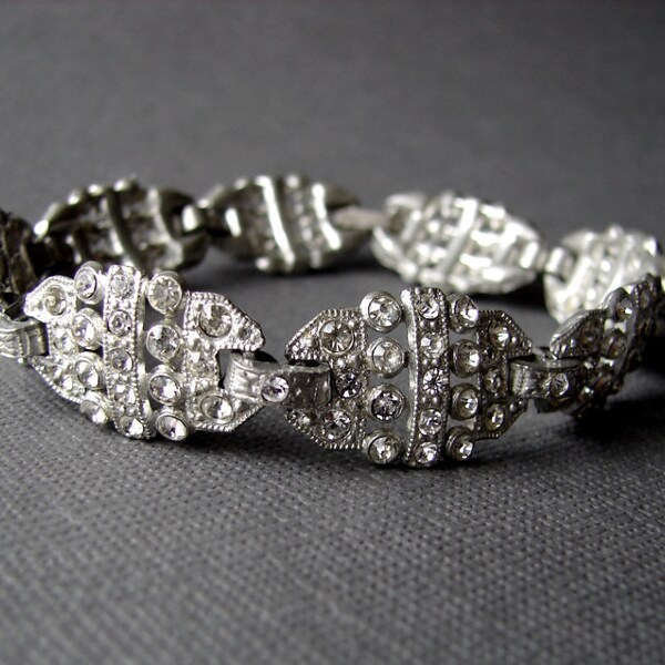 1920s Art Deco Link Rhinestone Bracelet Filigree Pot Metal Openwork Wedding Jewelry Chic Vintage Gatsby Bride Downton Bridal Accessory