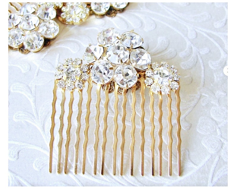 Rhinestone Flower Hairpiece Jeweled Hair Comb Gold Wedding Headpiece Bridesmaid Accessory Ballroom Pageant Jewelry Bohemian Chic Formal Prom image 3