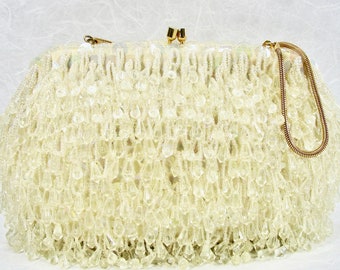 Vintage YELLOW Ivory Chandelier Clutch Acrylic Crystal Fringe Evening Bag Beaded Purse Sequin Gold Chain Wedding Handbag Formal Hong Kong