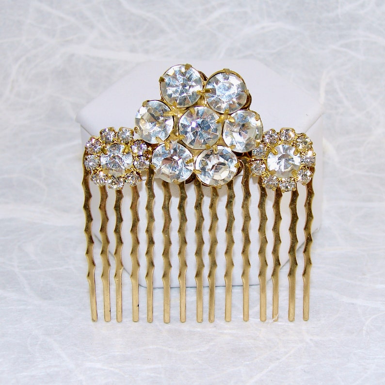 Rhinestone Flower Hairpiece Jeweled Hair Comb Gold Wedding Headpiece Bridesmaid Accessory Ballroom Pageant Jewelry Bohemian Chic Formal Prom image 1