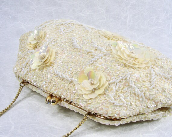 Vintage Delill Beaded Wedding Purse Ivory Sequin … - image 4