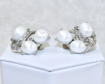 Enhanced Vintage Clip Earrings White Pearl Crystal Rhinestones Silver Tone Setting Wedding Bridal Formal Evening Prom MOG MOB MOH