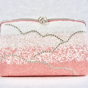 Fabulous Vintage Beaded Purse Salmon Pink Blush Clutch White Glass Seed Beads & Rhinestone Handbag Silver Frame Strap Formal Evening Bag image 2