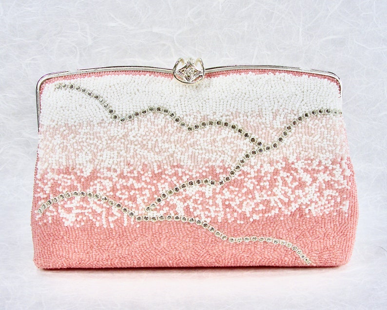 Fabulous Vintage Beaded Purse Salmon Pink Blush Clutch White Glass Seed Beads & Rhinestone Handbag Silver Frame Strap Formal Evening Bag image 2