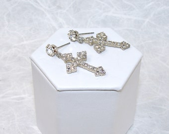 Rhinestone Cross Dangle Earrings Vintage Costume Jewelry Drop Posts Pierced Christian Jewelry