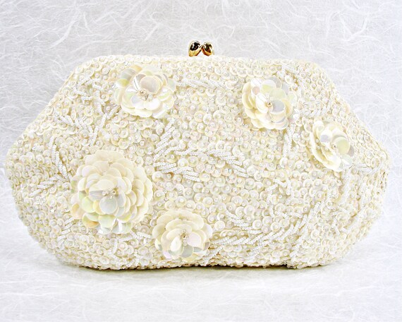 Vintage Delill Beaded Wedding Purse Ivory Sequin … - image 2