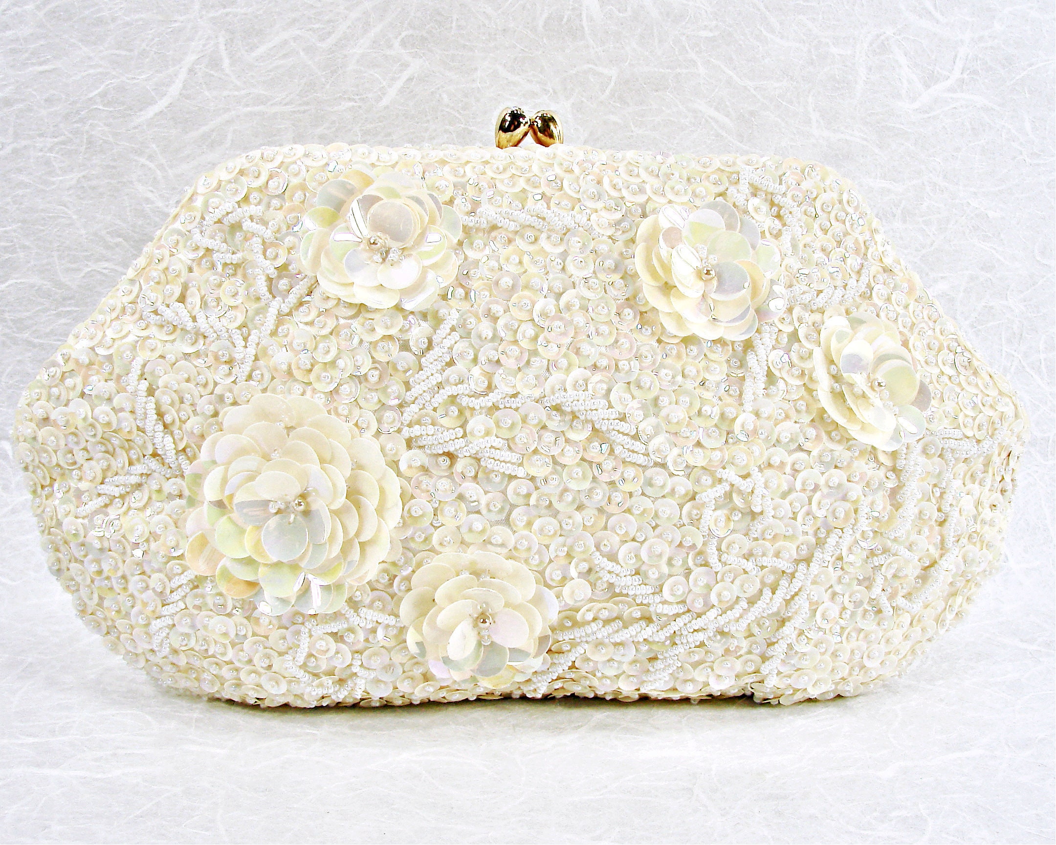 Vintage Delill Beaded Wedding Purse Ivory Sequin Posey Flowers