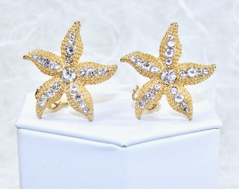 Enhanced Vintage Rhinestone Starfish Clip Earrings Beach Bride Gold Tone Setting Wedding Bridal Evening Formal Prom Costume Jewelry