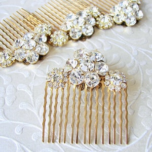 Rhinestone Flower Hairpiece Jeweled Hair Comb Gold Wedding Headpiece Bridesmaid Accessory Ballroom Pageant Jewelry Bohemian Chic Formal Prom image 2