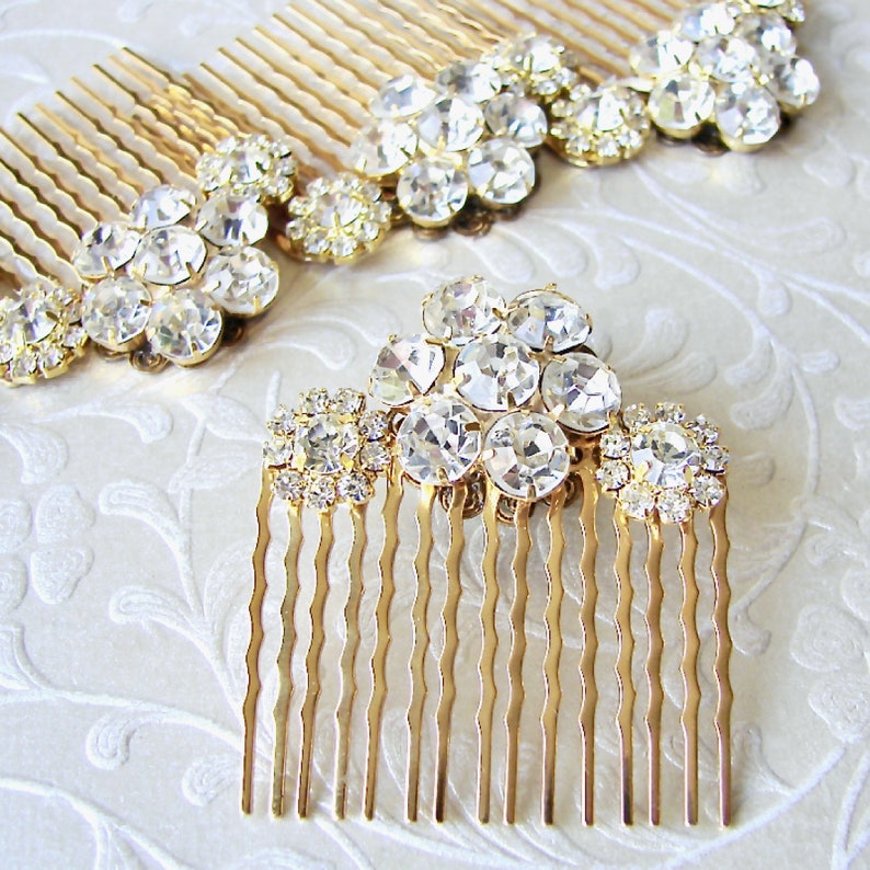 Rhinestone Flower Hairpiece Jeweled Hair Comb Gold Wedding Headpiece Bridesmaid Accessory Ballroom Pageant Jewelry Bohemian Chic Formal Prom image 2