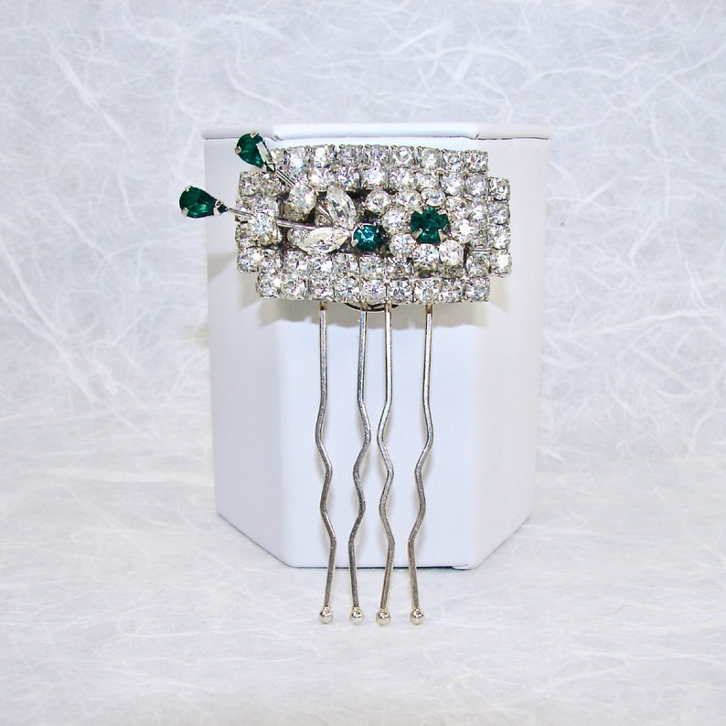 Art Deco Wedding Rhinestone Hair Comb Emerald Green Bridal Hairpiece Bohemian Chic 1920s Bride Downton Gatsby Headpiece Vintage Christmas image 2