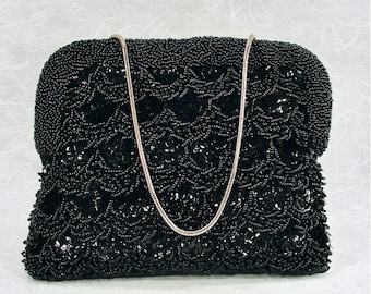 Vintage Black Beaded Purse Jet Black Glass Beads and Sequins Formal Evening Bag Cocktail Hand Bag Prom Clutch Wedding Hand Made in Hong Kong