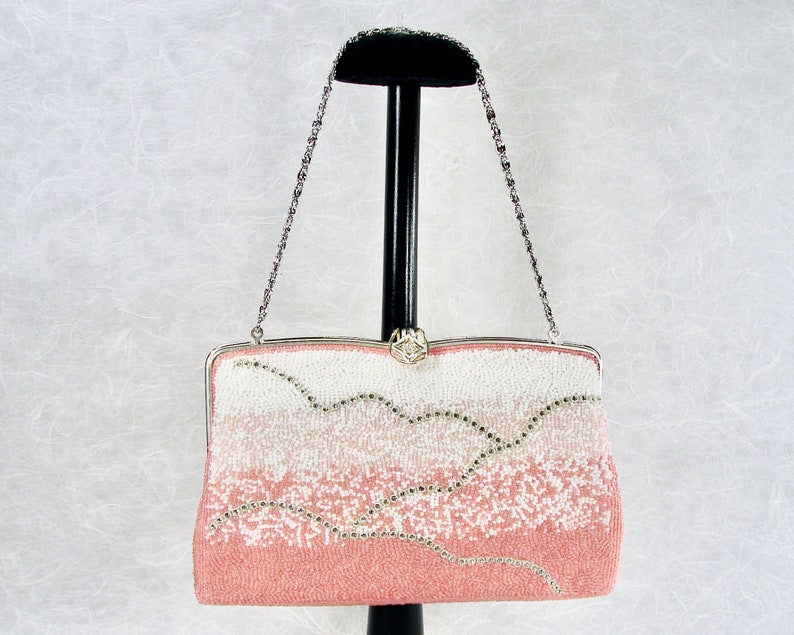 Fabulous Vintage Beaded Purse Salmon Pink Blush Clutch White Glass Seed Beads & Rhinestone Handbag Silver Frame Strap Formal Evening Bag image 7