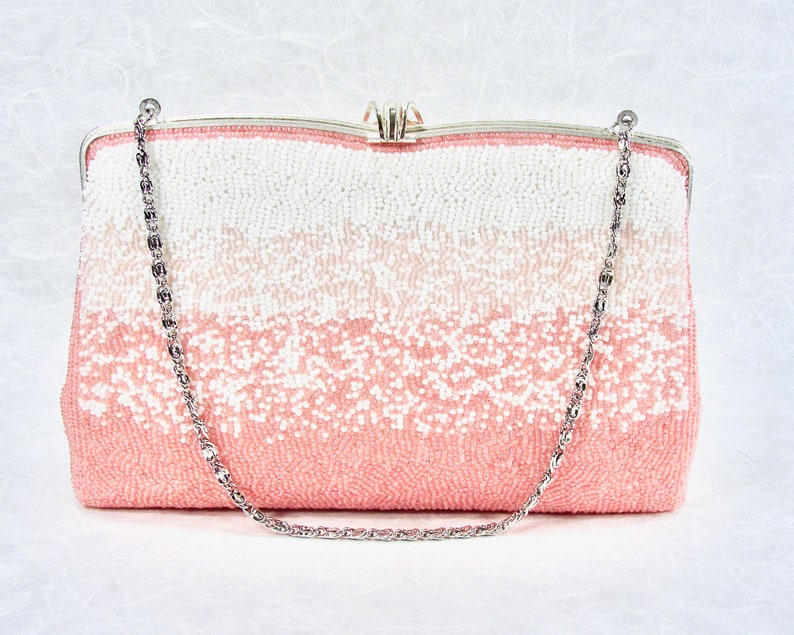 Fabulous Vintage Beaded Purse Salmon Pink Blush Clutch White Glass Seed Beads & Rhinestone Handbag Silver Frame Strap Formal Evening Bag image 3