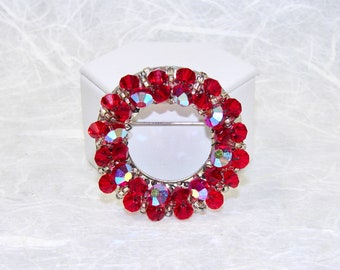 Vintage Red Crystal Christmas Brooch Sparkling Holiday Pin Aurora Borealis Costume Jewelry