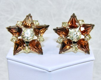 Vintage Large Star Clip Earrings Brown Bronze Yellow Jonquil Rhinestone Pale Gold Tone Setting 1950s - 1960s