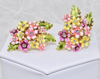 Enhanced Vintage Enamel Floral Rhinestone Clip Earrings by Corocraft Pink Yellow Purple Flowers Green Leaves Garden Wedding MOG MOB MOH Prom