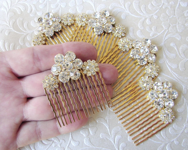 Rhinestone Flower Hairpiece Jeweled Hair Comb Gold Wedding Headpiece Bridesmaid Accessory Ballroom Pageant Jewelry Bohemian Chic Formal Prom image 7