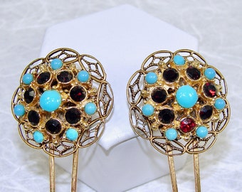 2 SMall Turquoise Blue Red Rhinestone Hairpin Ruby Gold Island Paradise Wedding Vintage Costume Jewelry Jeweled Hairpiece Bridal Formal