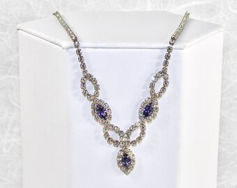 19 Inch Amethyst Purple Marquis Navette and Clear Rhinestone Necklace Vintage Costume Jewelry Formal Bridal Wedding Prom Adjustable