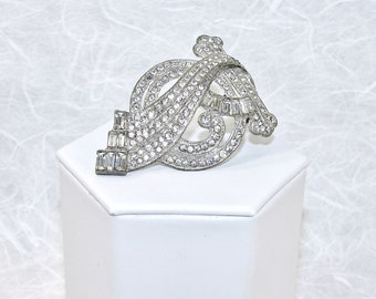 Vintage Antique Rhinestone Dress Clip Silver Tone Scroll Openwork Baguette Stones Wedding Formal Costume Jewelry