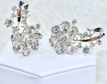 Enhanced Vintage 50s Flower Climber Clip Earrings Crystal Rhinestones Silver Tone Setting Wedding Bridal Formal Evening Prom MOG MOB MOH