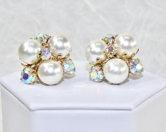 Enhanced Vintage 50s/60s Pearl Sparkling AB Rhinestone Clip Earrings Gold Tone Wedding Bridal Formal Evening Prom Mother of Groom Bride MOH