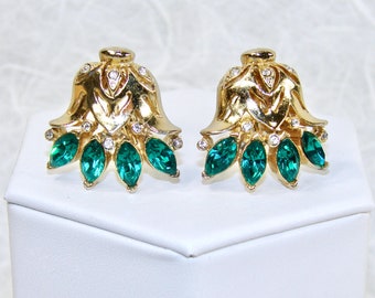 Vintage Green Rhinestone Clip Earrings Gold Tone Setting Upside Down Flower Design Christmas Wedding Bridal Formal Evening Prom MOG MOB MOH