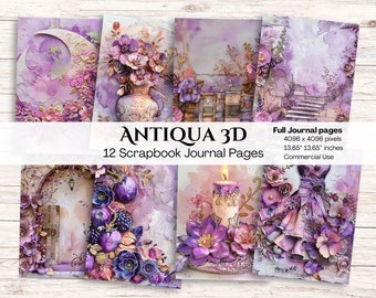 Purple Digital Junk Journal Paper | Flowers Butterfly Moon | Gold | Printable Journal Background | Rustic | Scrapbooking | Crafting | Diy