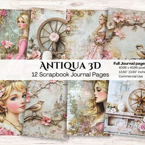 May include: A set of 12 scrapbook journal pages with a vintage theme. The pages display illustrations of women, flowers, birds, and architectural details in soft pinks, creams, and golds. The text "ANTIQUA 3D" and "12 Scrapbook Journal Pages" are visible.