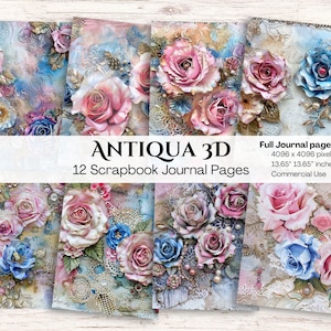 Shabby Chic Roses Digital Paper | Vintage Rose Scrapbook Paper | Blue Pink Crafting Paper | Commercial Use | Instant Download | Floral