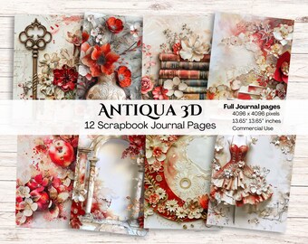 Red Digital Junk Journal Paper | Dress Vase Books | Gold | Printable Journal Background | Rustic | Scrapbooking | Crafting | Diy