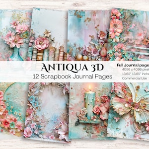 Rosa Aqua Digitales Junk Journal Papier | Blumen Schmetterlingsmond | Gold | Druckbarer Journal-Hintergrund | Rustikal | Scrapbooking | Basteln | Diy