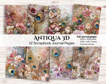 Antique Paper | Craft Paper | Textured Paper Pack | Pink Peacock | Distressed Paper | Scrapbook Journal Pages | Printable Papers | 3D Paper