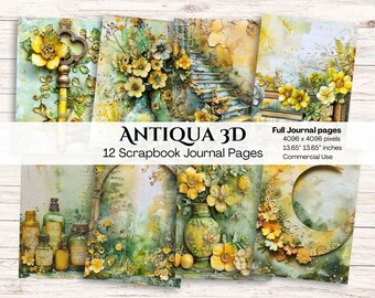 Green Digital Junk Journal Paper | Fruits Floral Moon | Yellow | Printable Journal Background | Rustic | Scrapbooking | Crafting | Diy