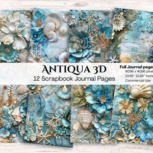 Könnte beinhalten: Zwölf 13,65 Zoll große Scrapbook-Journal-Seiten mit einem blauen, weißen und goldenen Muschel- und Blumendesign.  ANTIQUA 3D ist auf den Seiten gedruckt.