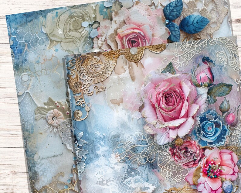 Shabby Chic Roses Digital Paper | Vintage Rose Scrapbook Paper | Blue ...