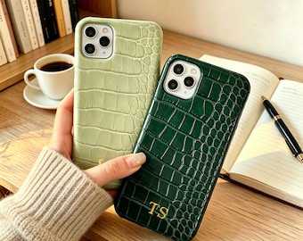 Personalized IPhone Case with name, Crocodile Print Leather iPhone 17 Case, Initial Engraving For Valentine's Day