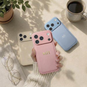 Puede incluir: Tres fundas para smartphone con acabado texturizado y módulo de cámara elevado. Una funda es rosa claro con iniciales MH doradas, una azul claro con iniciales AS doradas y una beige con iniciales JK doradas. Cada funda tiene un recorte para cámara.