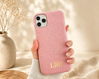 Funda personalizada para iPhone con nombre, funda de piel con estampado de cocodrilo para iPhone 17, funda personalizada para iPhone 15, 14, 13 y 12 Pro Max con iniciales.
