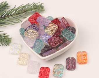 Vintage Colorful Glass Flower Cube Bead 18mm,Clear Plum Blossom Pattern Engraved Bead Pendant,Necklace Bracelet Connector Supply A0248