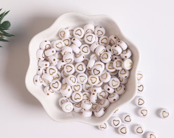 100PCS Gold Heart Bead Name Letter Bead 7mm, White Acrylic Alphabet Letter Beads,Small Bead,ABCD Letter Bead,Beads for Bracelet Making A0206