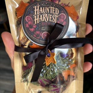 May include: A clear plastic pouch with a brown paper backing containing dried botanicals, including orange slices, hibiscus, and greenery. A black ribbon is tied around the center with a star-shaped orange peel charm. The label reads Haunted Harvest Brew.